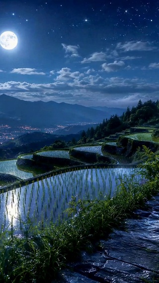 月夜星空梯田山间夜景