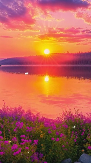 夕阳湖畔花草