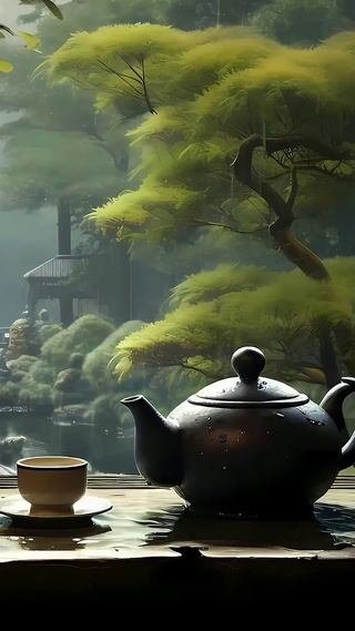 古风雨天绿景茶座