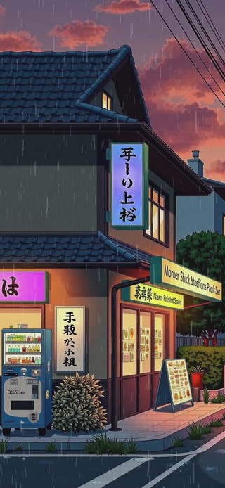日式街道黄昏雨景