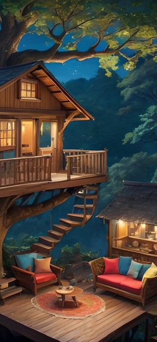 月夜瀑布树屋