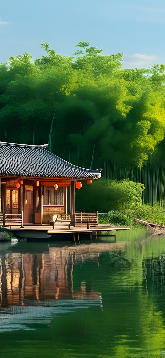 大自然风景湖泊屋子湖河畔小屋