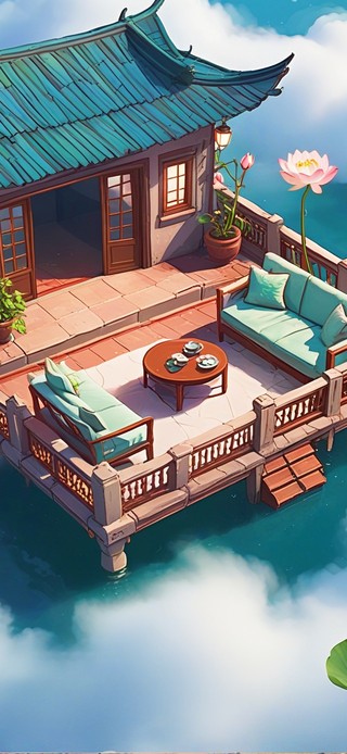 湖中薄雾荷花小屋