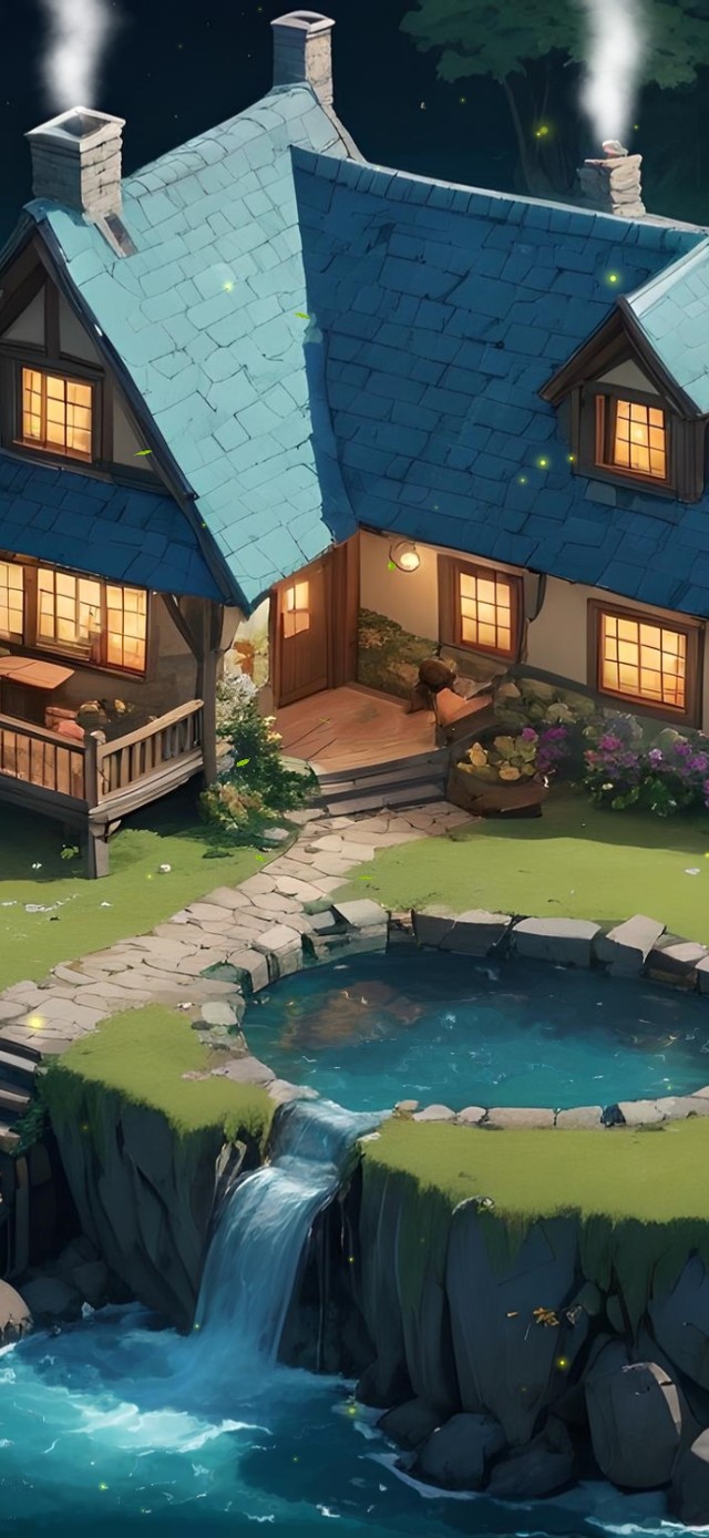 夜晚温馨岛上小屋