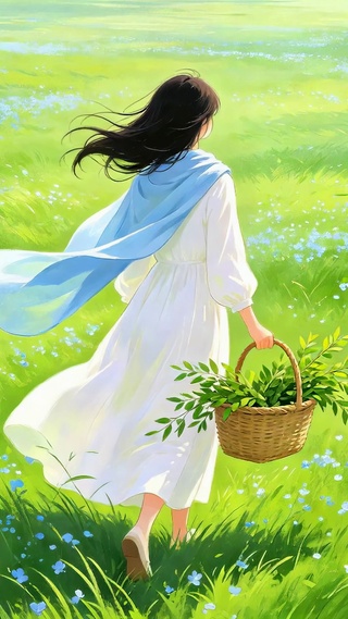 白衣少女漫步青花草地