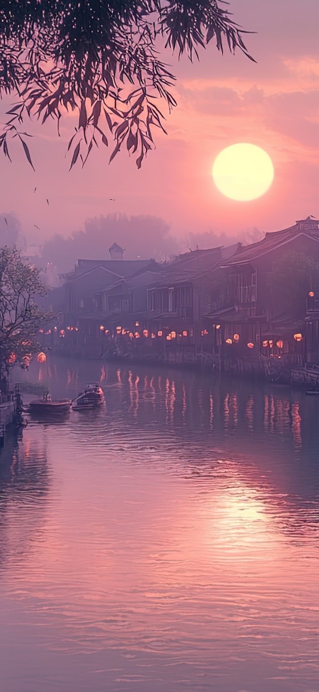 江南水乡的粉色黄昏