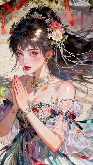 古树下祈愿的古风美少女