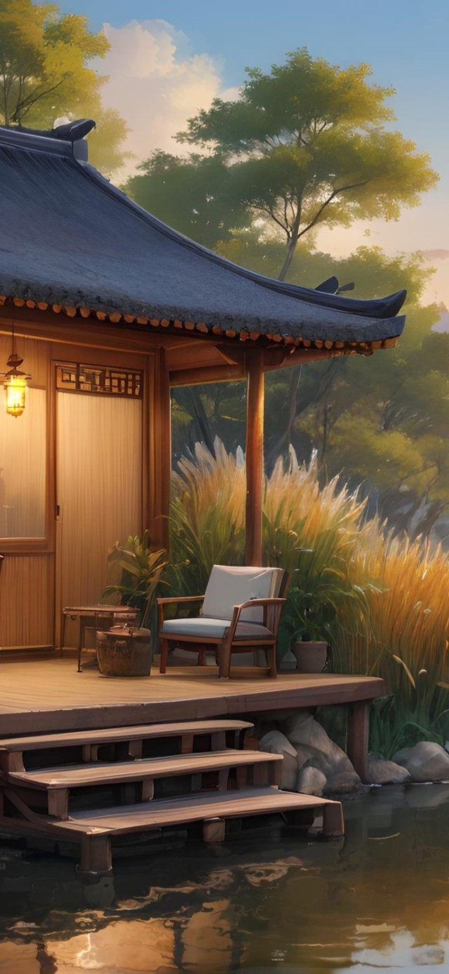 傍晚芦苇荡小屋