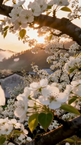 梨花环绕徽派古村春日晨景
