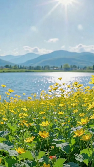 晴空湖畔黄花清新自然风景