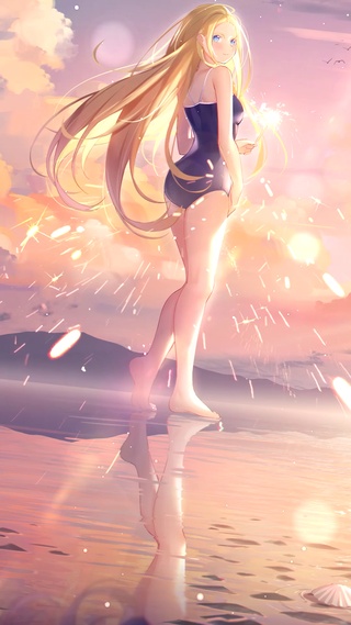 黄昏湖畔泳装少女