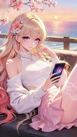 夕阳海景刷手机少女（限免）