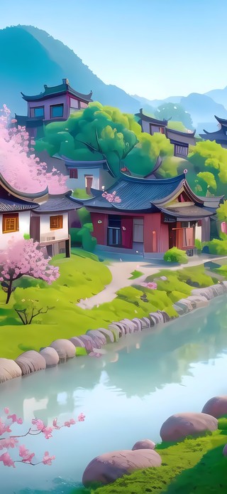 桃花盛开小镇