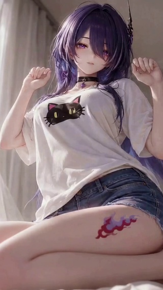 卧室紫发二次元美少女