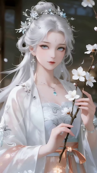 飘带白发女神抱花枝
