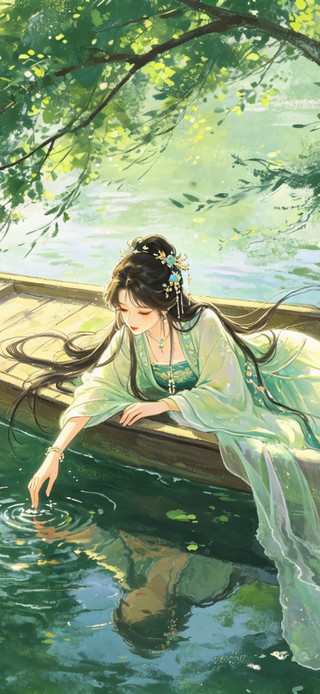 花漾壁纸|木舟上的绿影少女