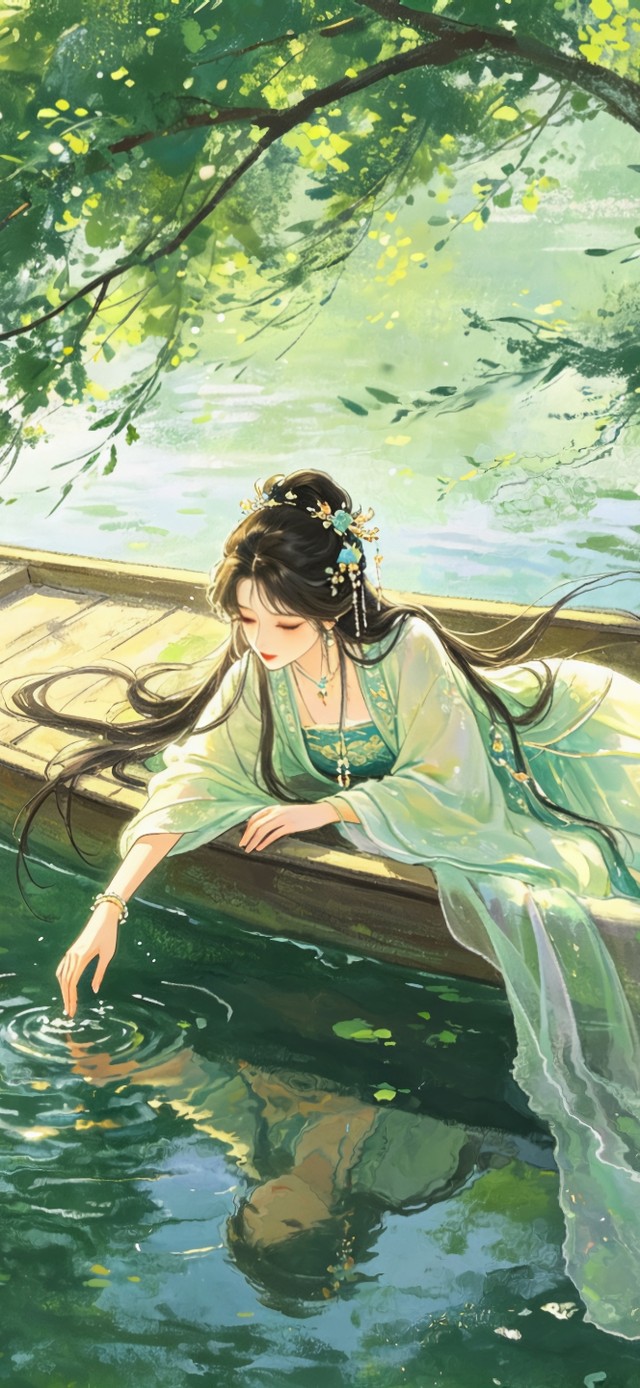 花漾壁纸|木舟上的绿影少女