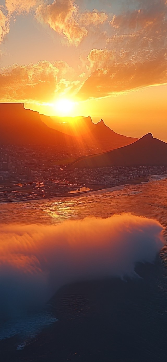 俯瞰落日云海下的海边城市