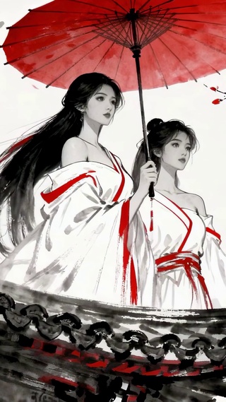水墨古风红伞双美人