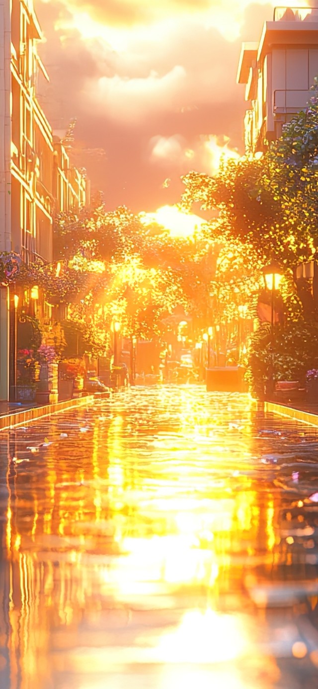 倒影中的城市唯美落日