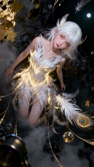 月光下的银发少女奇幻羽毛之境