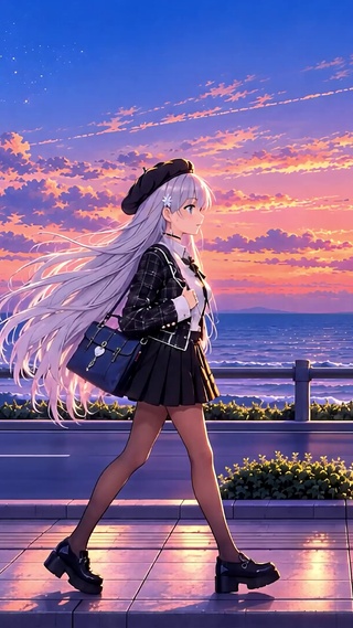 海边散步的少女