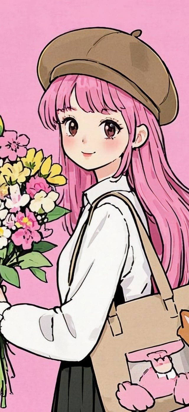花漾壁纸|捧花的粉发少女