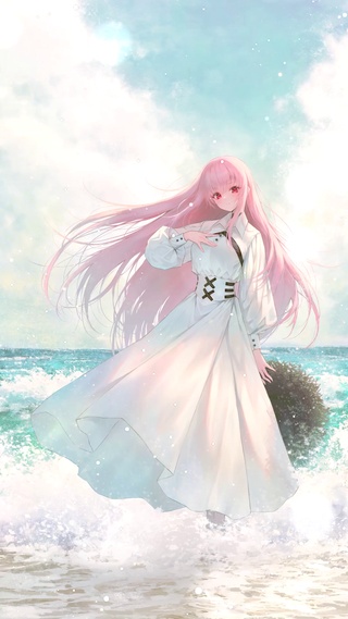海浪拍岸少女