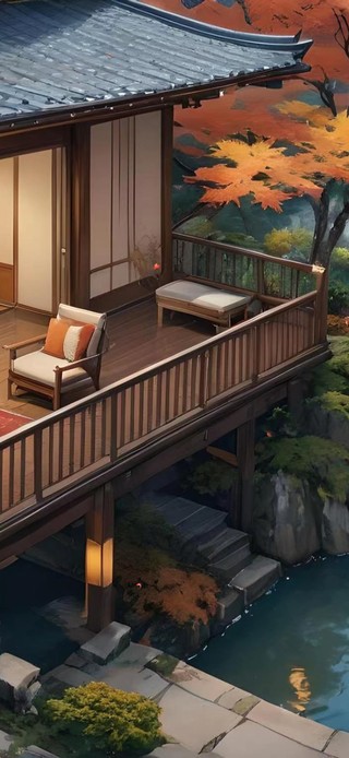 秋天河边小屋