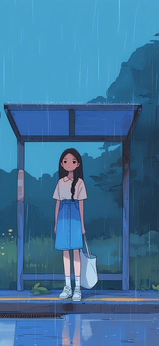 雨中站台少女