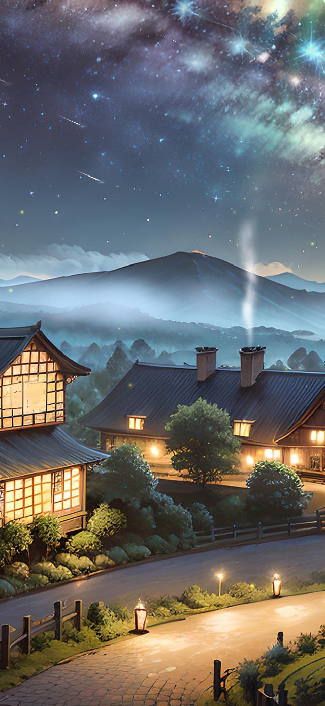 唯美治愈夜晚星空村庄