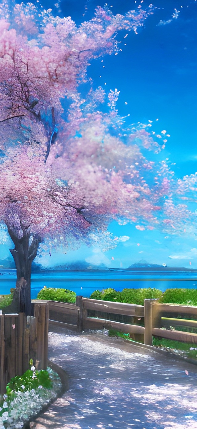 4k蓝天樱花树小路