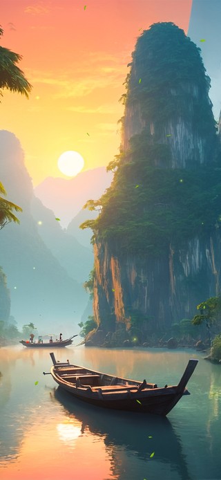 夕阳山野河道小舟