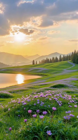 雪山花海日出