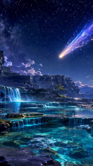 星空流星峡谷瀑布夜景