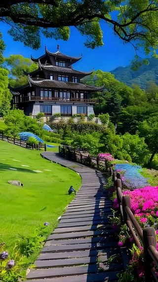 蓝天白云树木海景