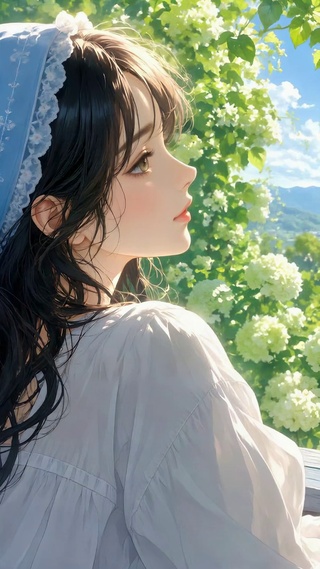 窗边少女眺望春日山野