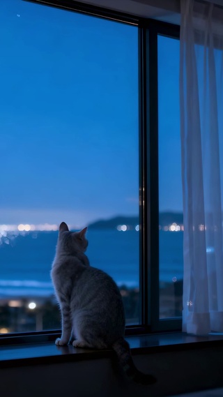 蓝夜窗边猫咪望海