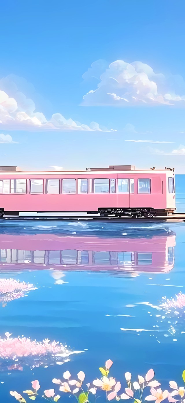 湖面鲜花火车