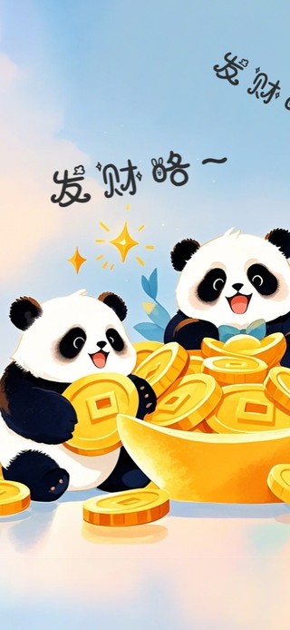 三只熊猫坐在一堆金币上