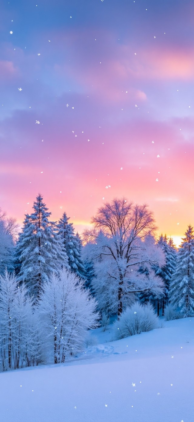 唯美晚霞松林雪景