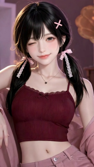 粉色卧室俏皮眨眼美少女