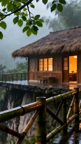 护眼雨天树木房屋
