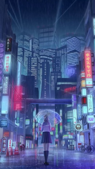 4K动漫插画东京雨天夜景