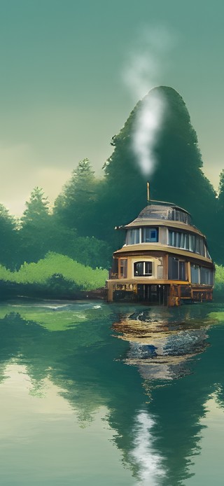 森林湖边小屋鸟鸣