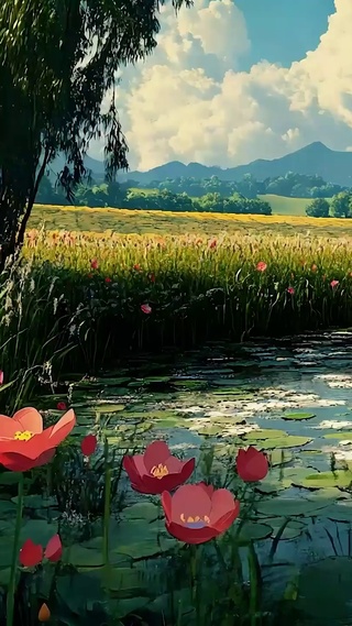 护眼白云树木河流