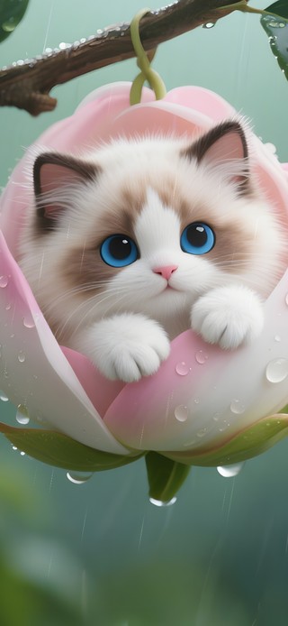 雨天花朵里猫咪