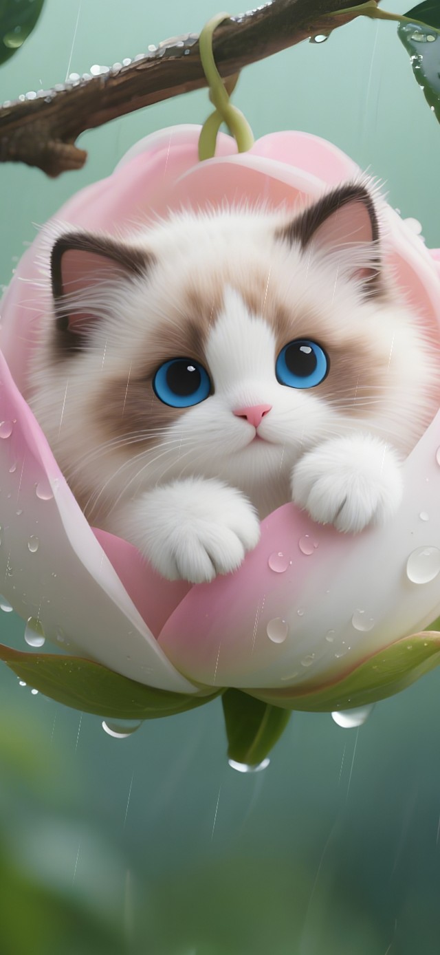 雨天花朵里猫咪