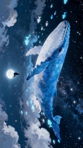 唯美梦幻星河下的巨型鲸鱼游荡