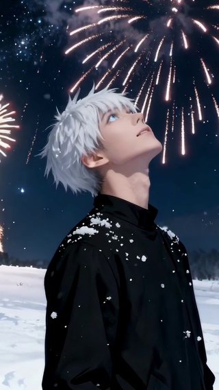 二次元白发少年冬夜看烟花